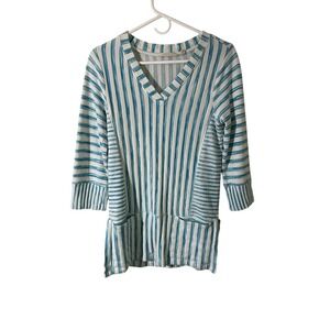 Soft Surroundings Blue Striped Briza Top Tunic XS Pockets Pullover 3D Knit Beach
